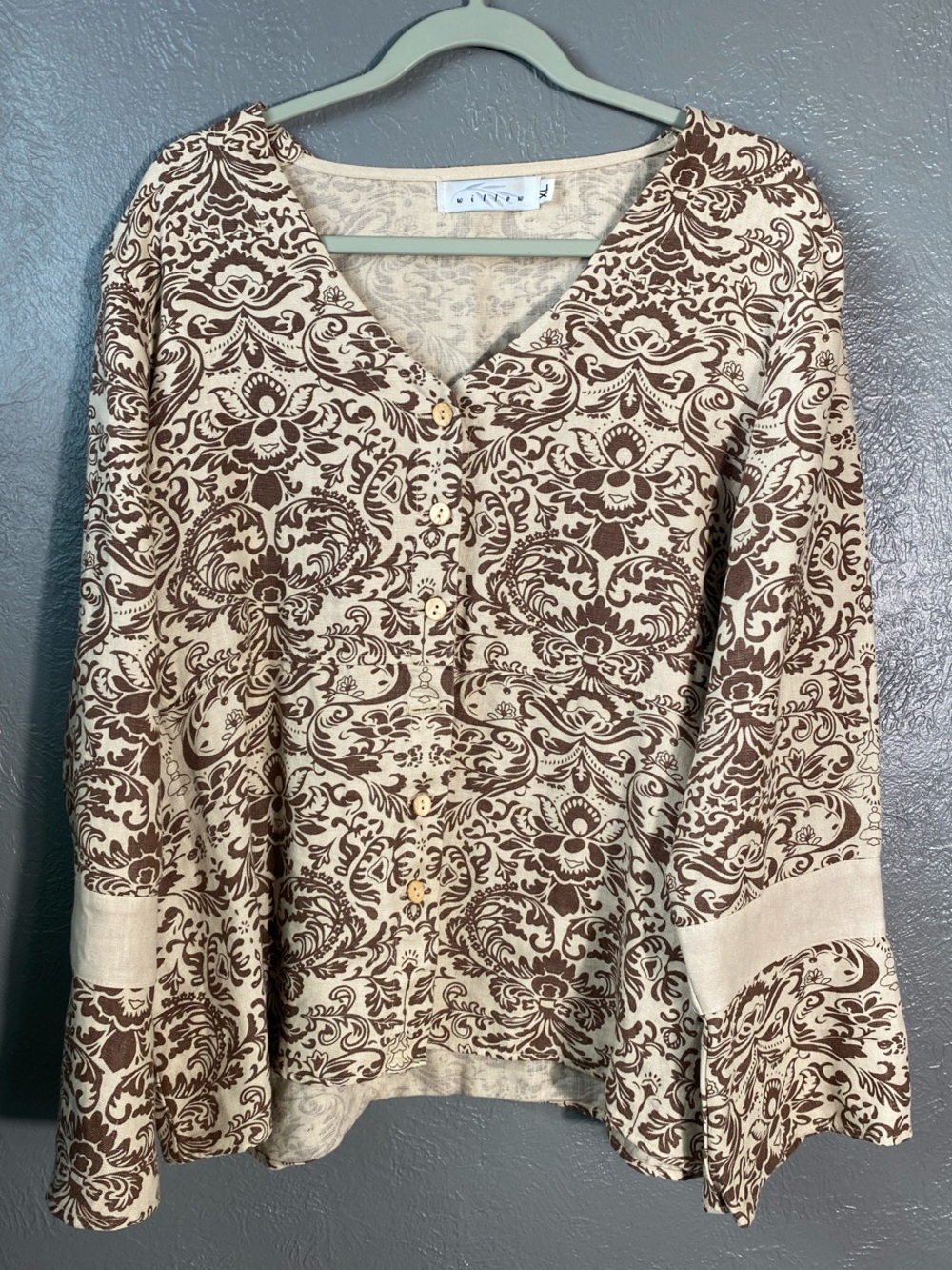 Willow 100% Linen Boho Blouse XL Brown Cream Floral Scroll Bell Sleeve Top
